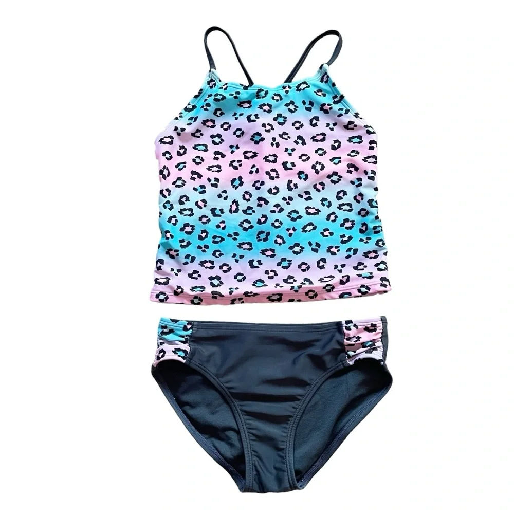 CAT & JACK Girls Magical Animal Ombré Bow Back Tankini Set Medium Gray Pink Blue - Picture 2 of 7